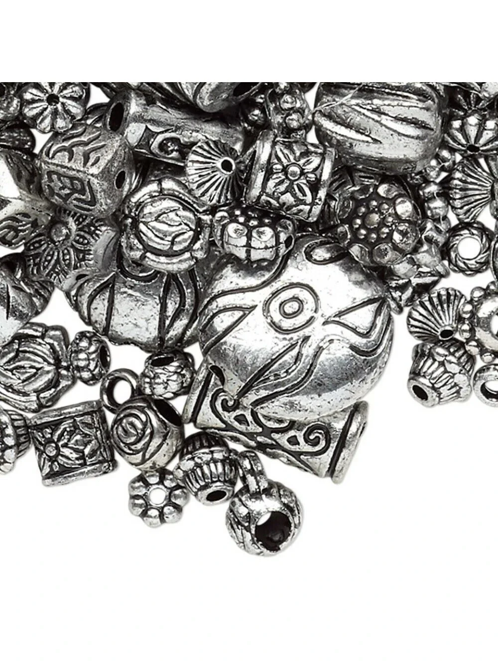 Bulk Lot Antiqued Light Silver Metallic Mixed Size Shape Acrylic Beads 100 pcs